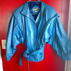Genuine Leather jacket/coat, Made in Brazil, blue, women, small, belted waist